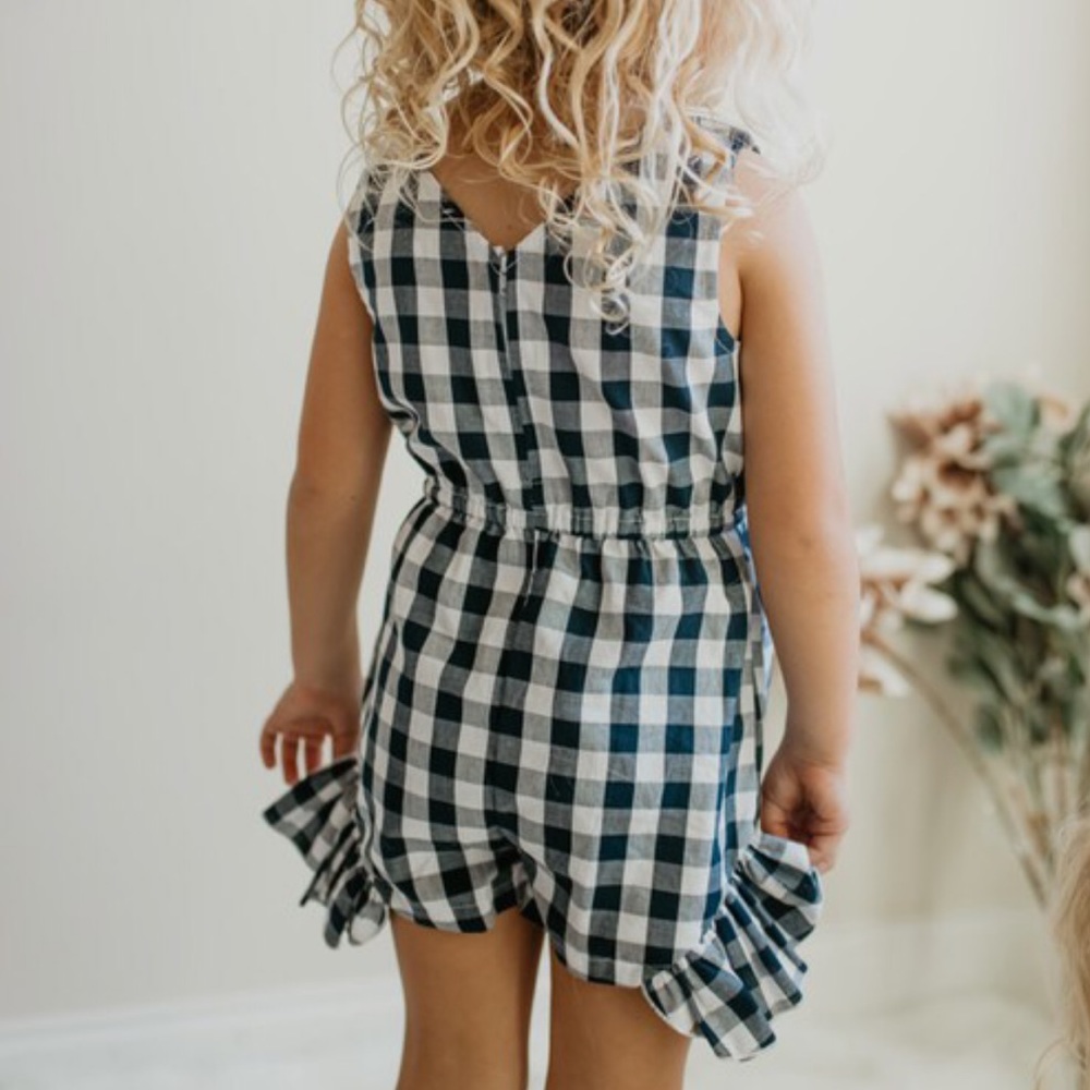 Pink Gingham Print Bow Tie Ruffle Hem Cotton Romper - Picture 6 of 7